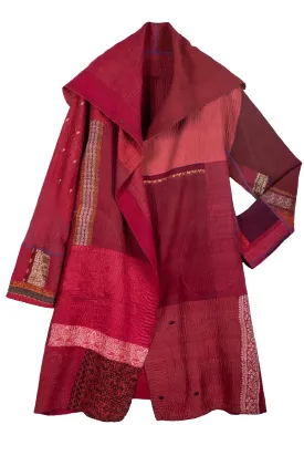 COTTON SILK SW PATCH KANTHA A-LINE COAT - ws4309-red -