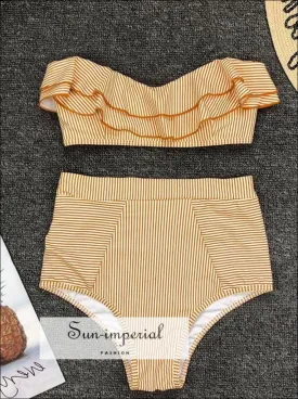 2 Piece Swimsuit Bandeau Bikini High Waisted - Striped Yellow