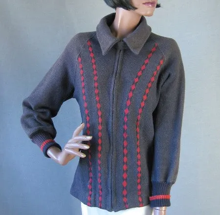 30s 40s Vintage Winter Jacket Women's Ski Sport Deco Geometric Trim M/L Apolda New York VFG Cravenette