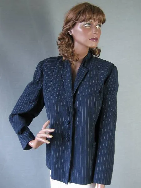 40s Vintage Women's Jacket Deco Details Navy Blue Pinstripe L/XL VFG Ber-Sell Original