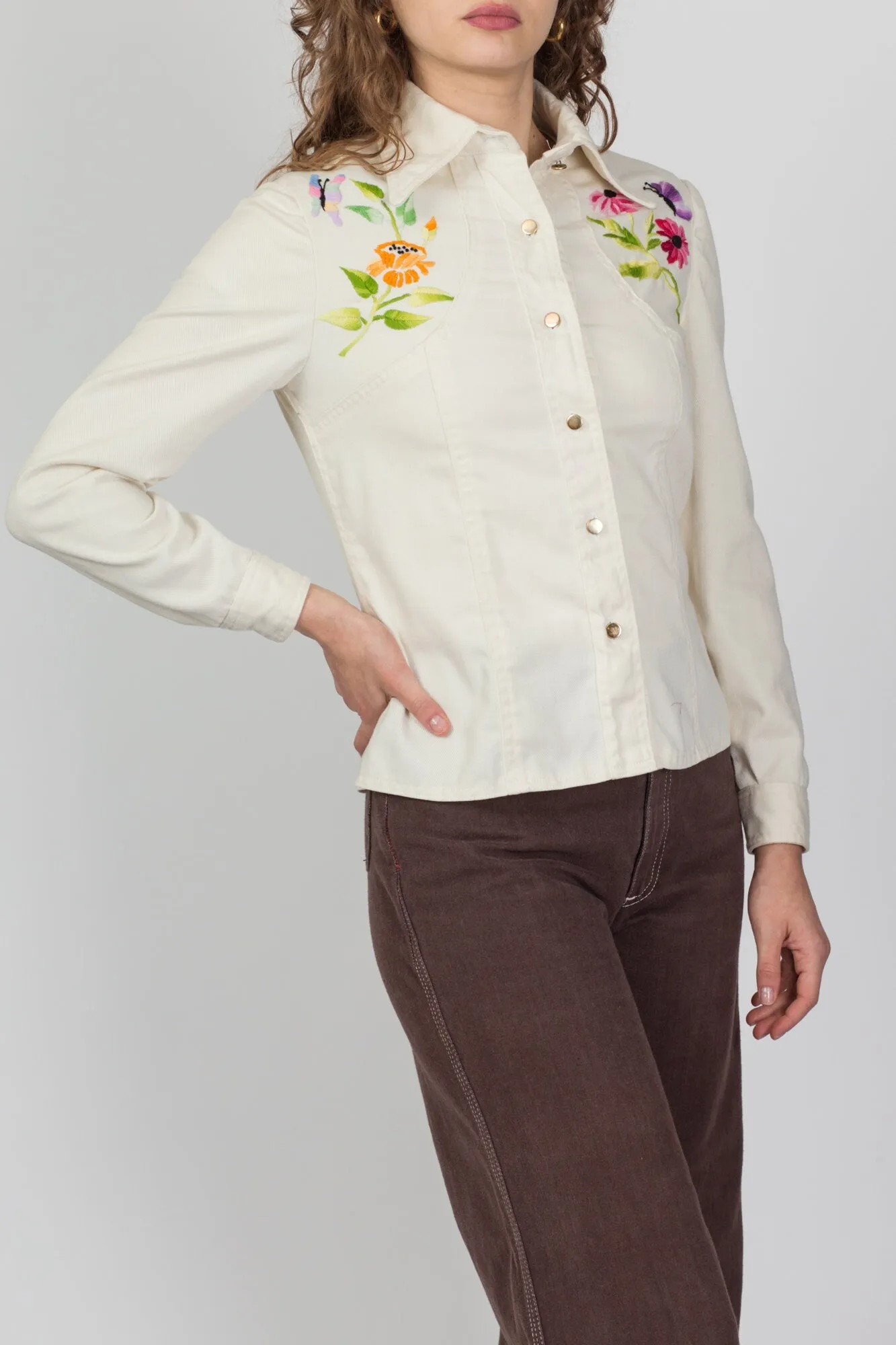 70s Embroidered Off-White Denim Look Jacket - Small