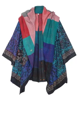 BAGH PRINT KANTHA HOODED A-LINE JKT - bg2050-blu -