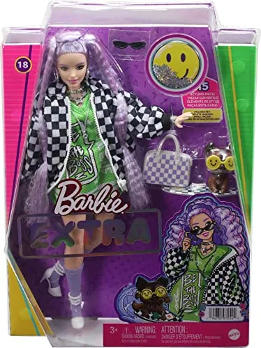 ?Barbie Extra Doll #18 in Jersey Dress & Oversized Checkered Jacket, with Pet Puppy