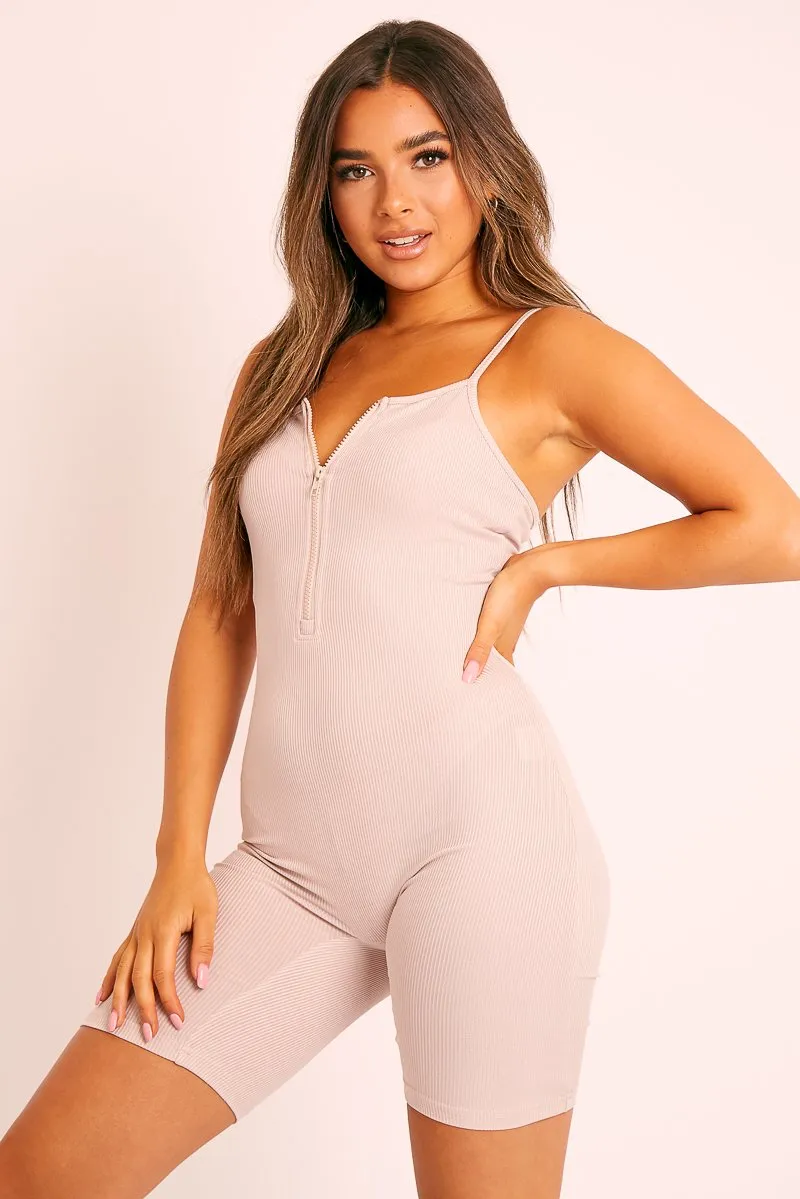 Beige Ribbed Zip Front Unitard Playsuit - Lanay