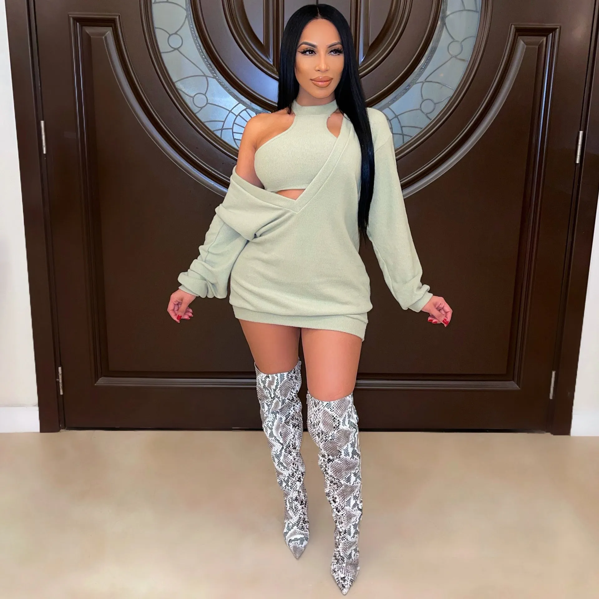 Big V-neck sweater dress   vest two-piece suit（AY1492）