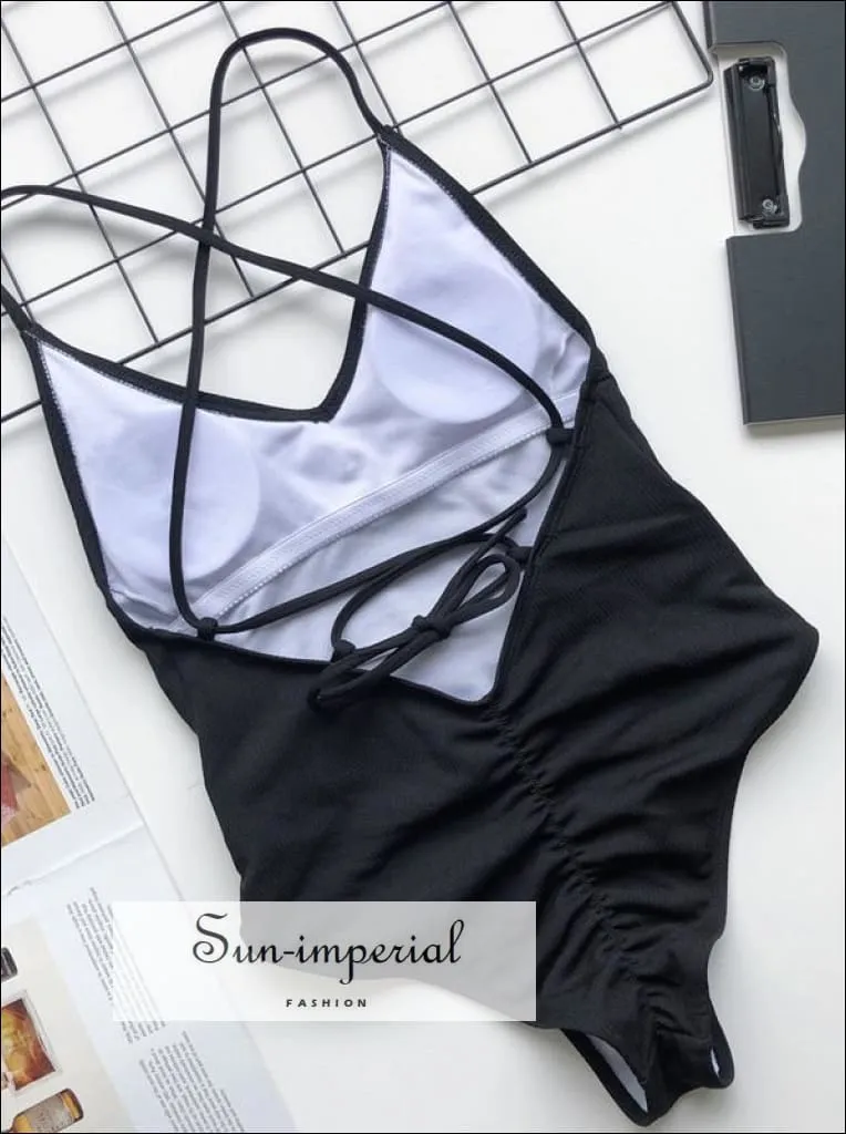Black Corset Style One Piece Swimsuit with Long sheer sleeve  Detail and Buckle Belt Backless Swimsuit - Multi Colors