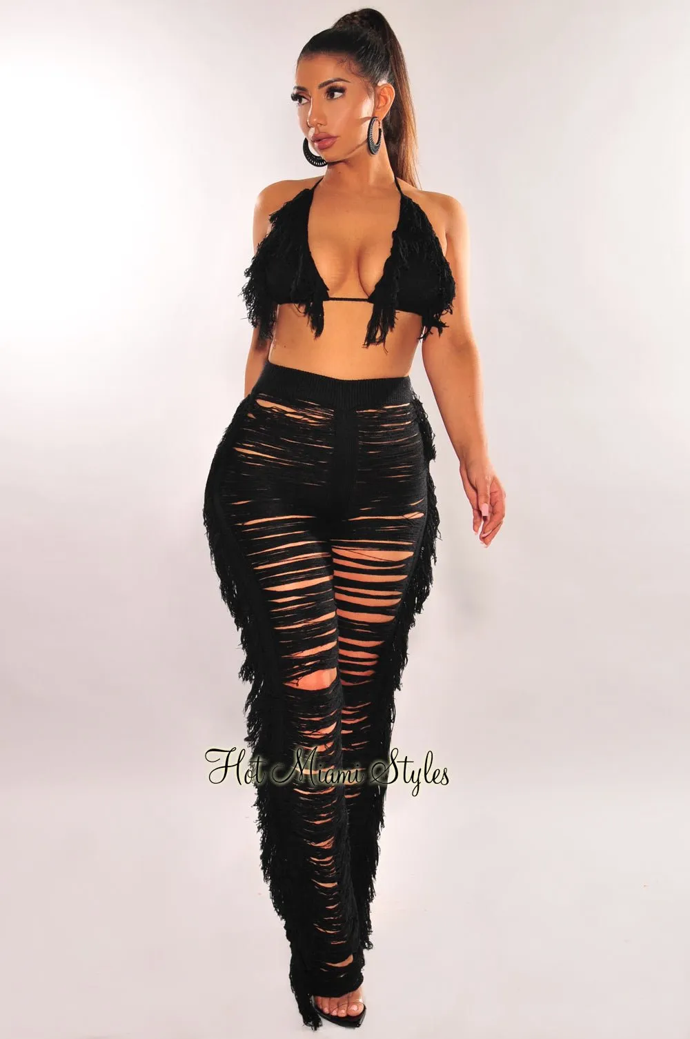 Black Knit Halter Triangle Top Fringe Ladder Cut Pants Two Piece Set