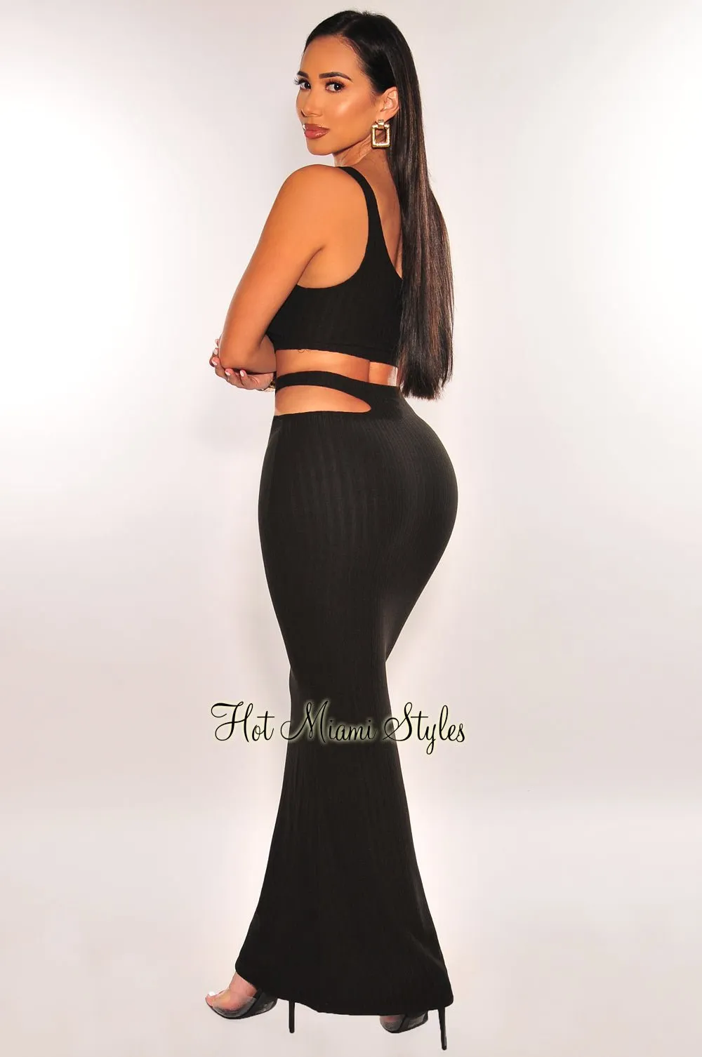 Black Ribbed One Shoulder Cut Out Maxi Skirt Two Piece Set