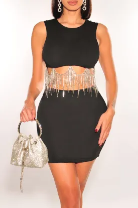 Black Sleeveless Rhinestone Fringe Mini Skirt Two Piece Set