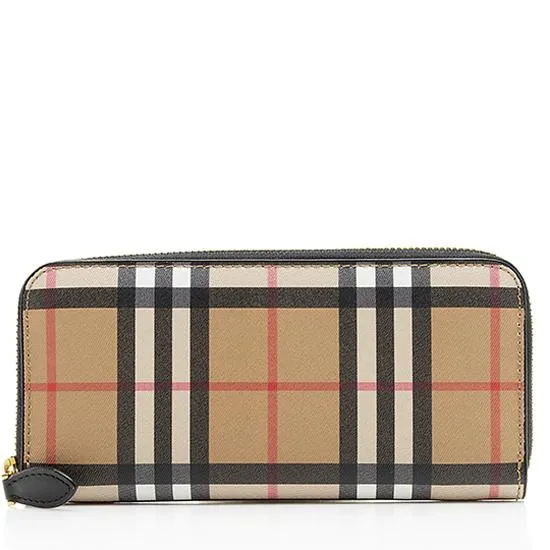 Burberry Vintage Check Leather Zip Around Wallet