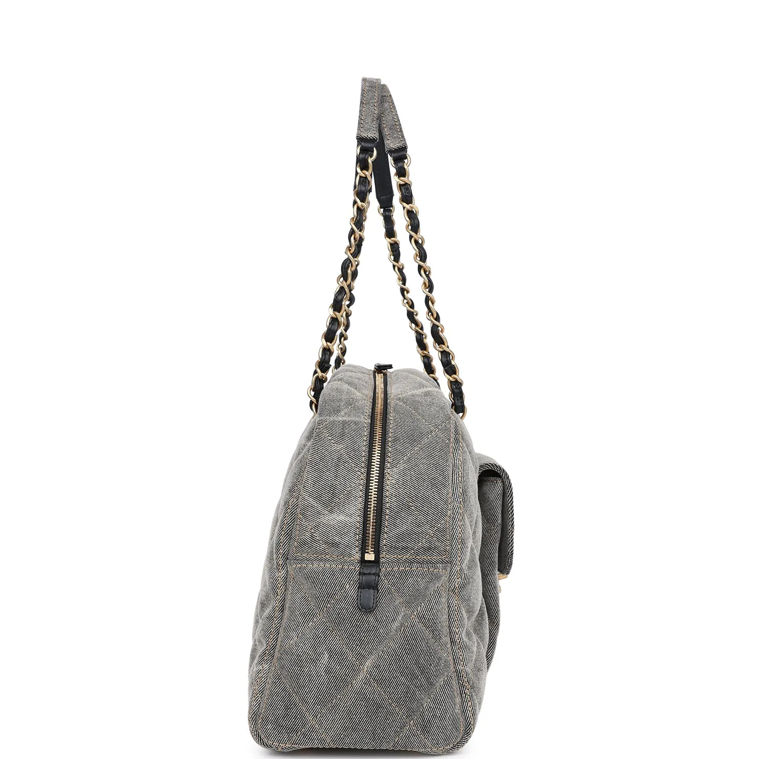 Chanel Maxi Bowling Bag Light Grey Washed Denim Antique Gold Hardware