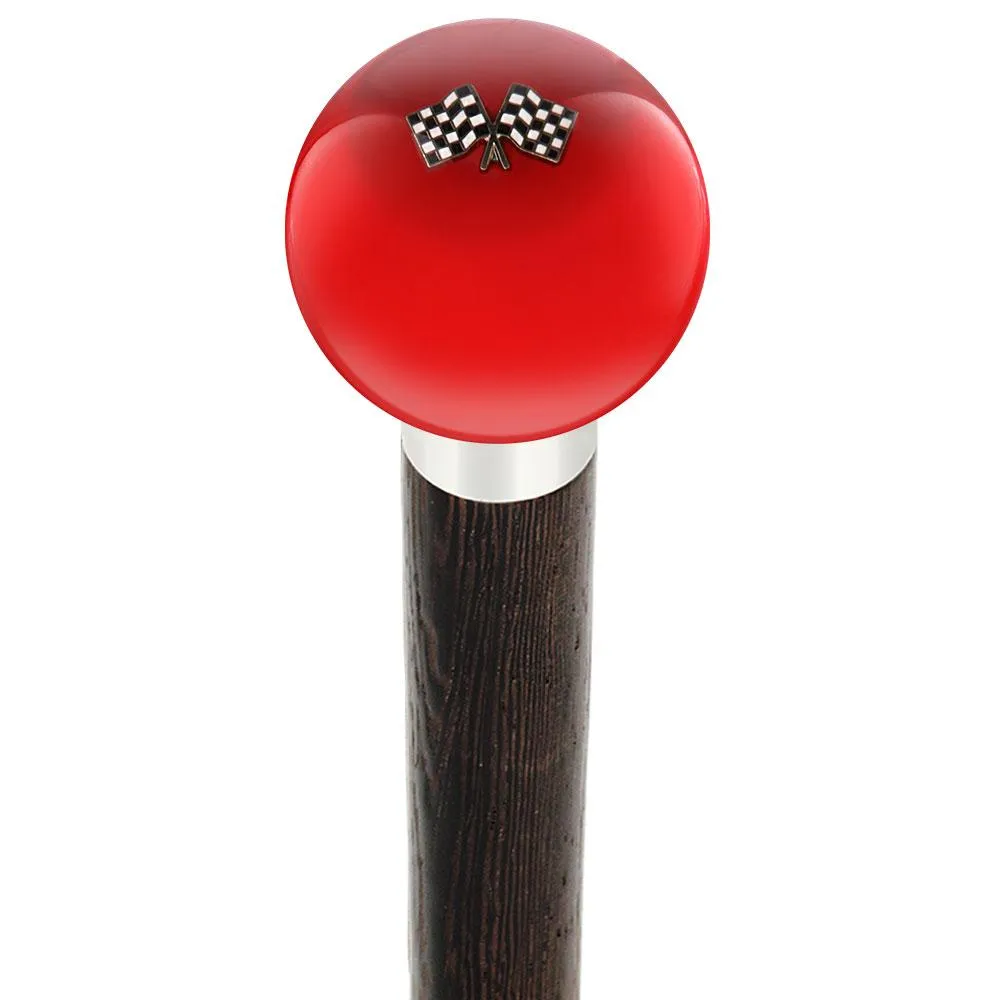 Checkered Racing Flags Red Round Knob Cane w/ Custom Wood Shaft & Collar