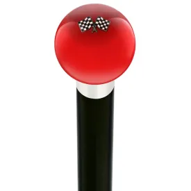 Checkered Racing Flags Red Round Knob Cane w/ Custom Wood Shaft & Collar