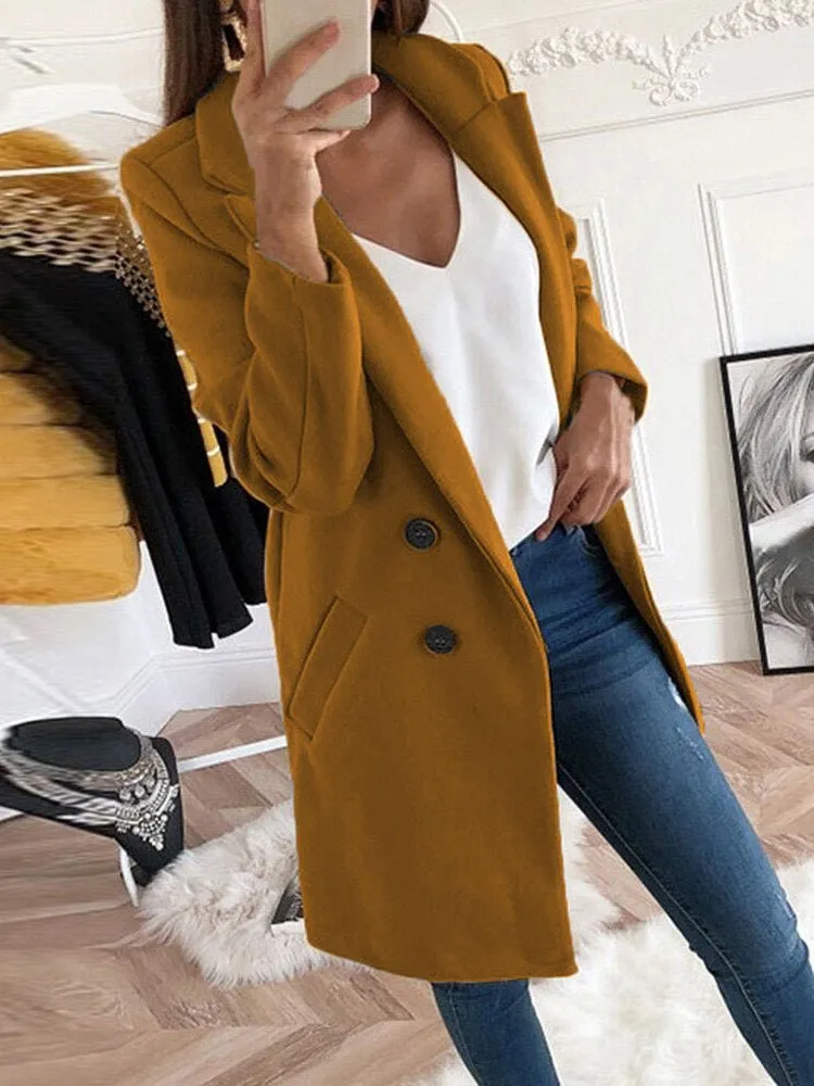 Coats Lapel Fitted Woolen Long Sleeve Coat for Women