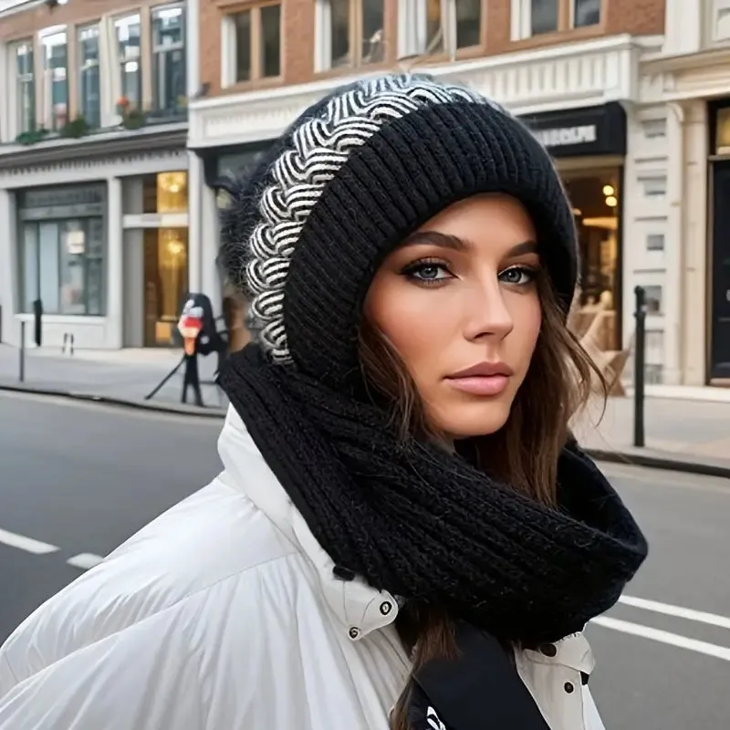 Coldproof Warm Beanie With Pom Classic Hooded Scarf Elastic Knit Hats Warm Beanies