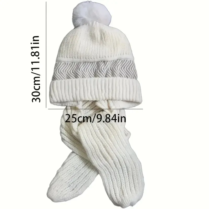 Coldproof Warm Beanie With Pom Classic Hooded Scarf Elastic Knit Hats Warm Beanies