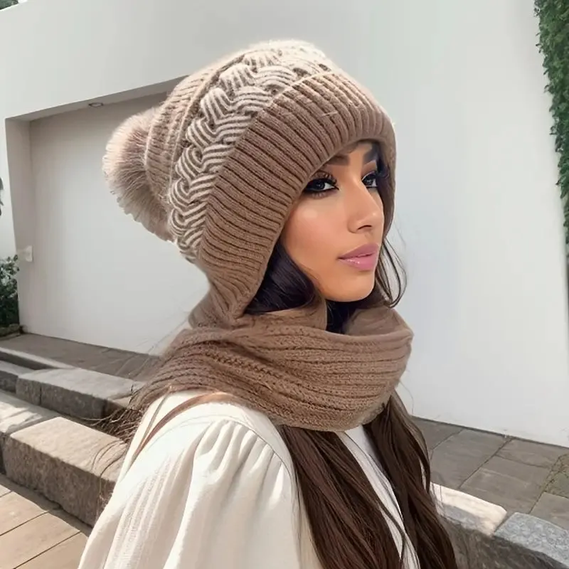 Coldproof Warm Beanie With Pom Classic Hooded Scarf Elastic Knit Hats Warm Beanies