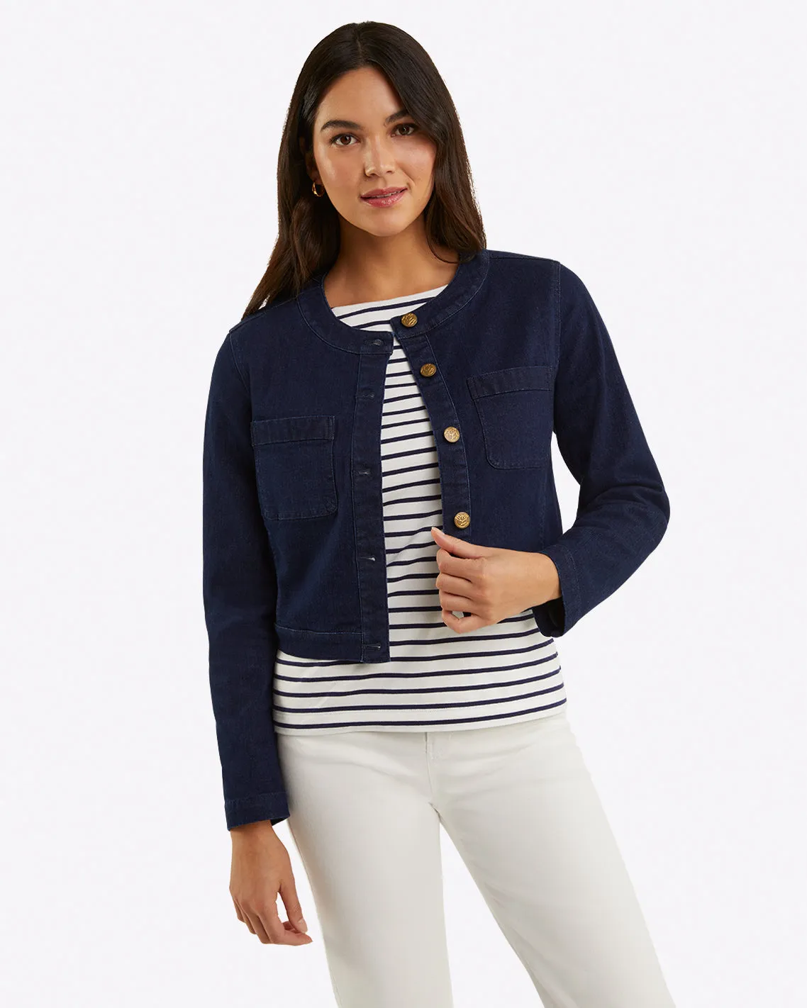 Collarless Jacket in Stretch Denim