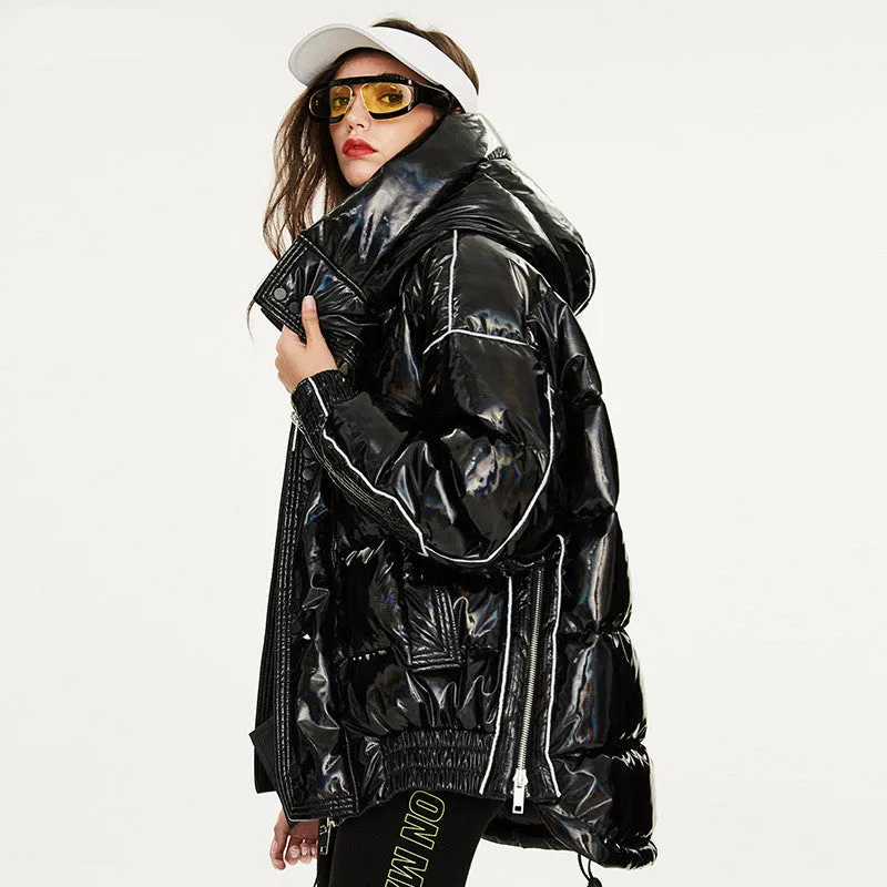 Couples Laser Glossy Thickened Loose Mid Length Down Jacket