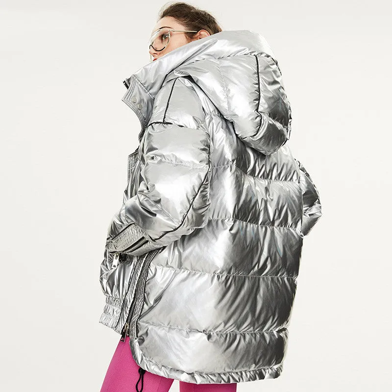 Couples Laser Glossy Thickened Loose Mid Length Down Jacket