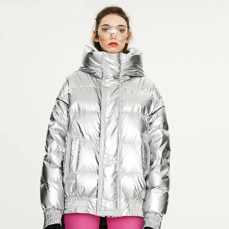 Couples Laser Glossy Thickened Loose Mid Length Down Jacket