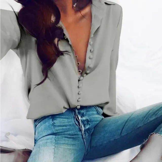 Elegant Women’s Casual Office Tops - Solid Color, Long Sleeve Chiffon Blouse