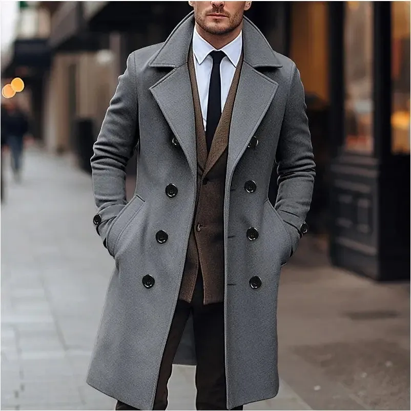 Fall Winter Men Woolen Coat Double Breasted Long