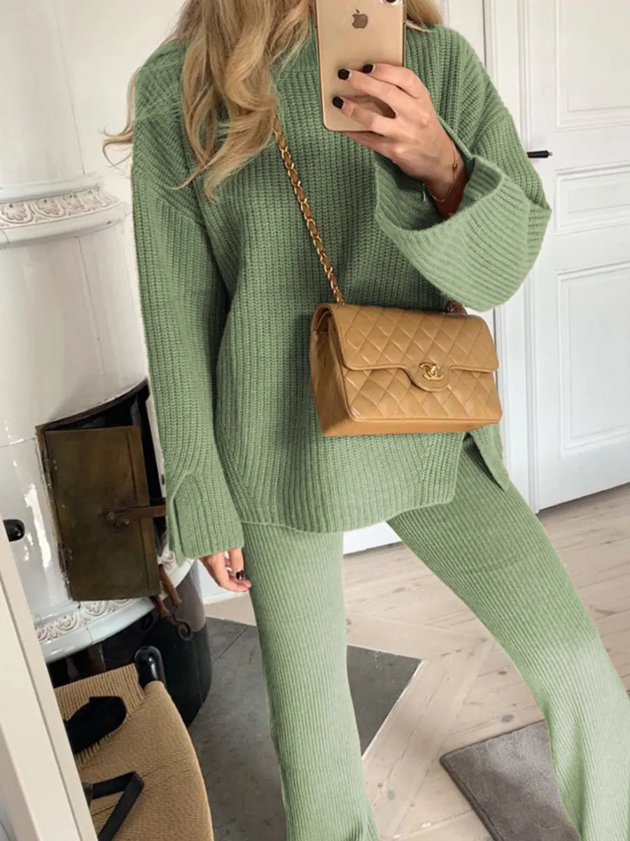 Fashion Casual Solid Color Round Neck Split Two-piece Suit