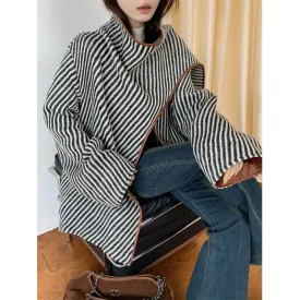 Fashionkova fashion outfits French Striped Irregular Shawl Woolen Coat for Women Autumn and Winter New Fashionable Temperament Loose Slimming Top