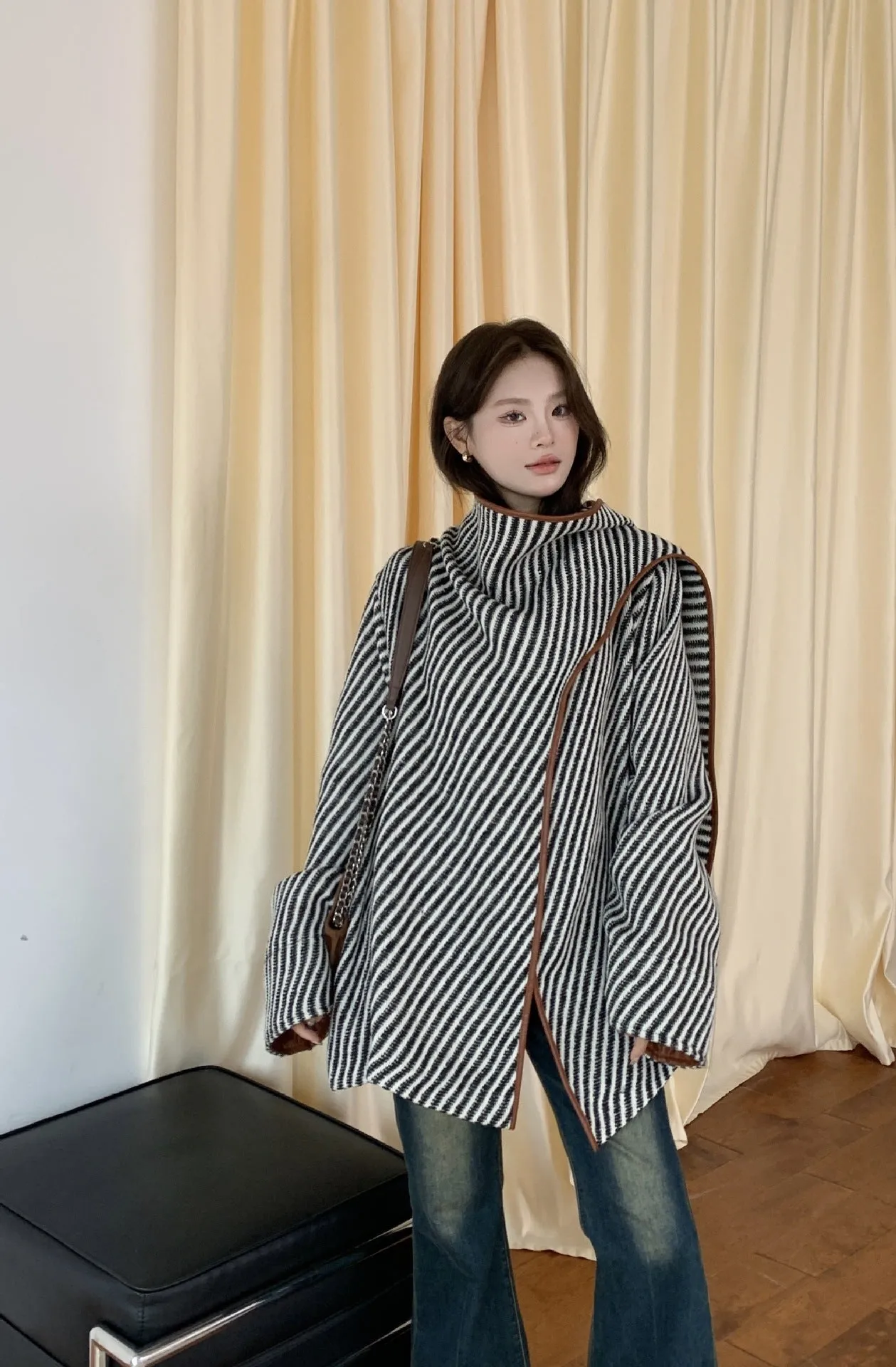 Fashionkova fashion outfits French Striped Irregular Shawl Woolen Coat for Women Autumn and Winter New Fashionable Temperament Loose Slimming Top