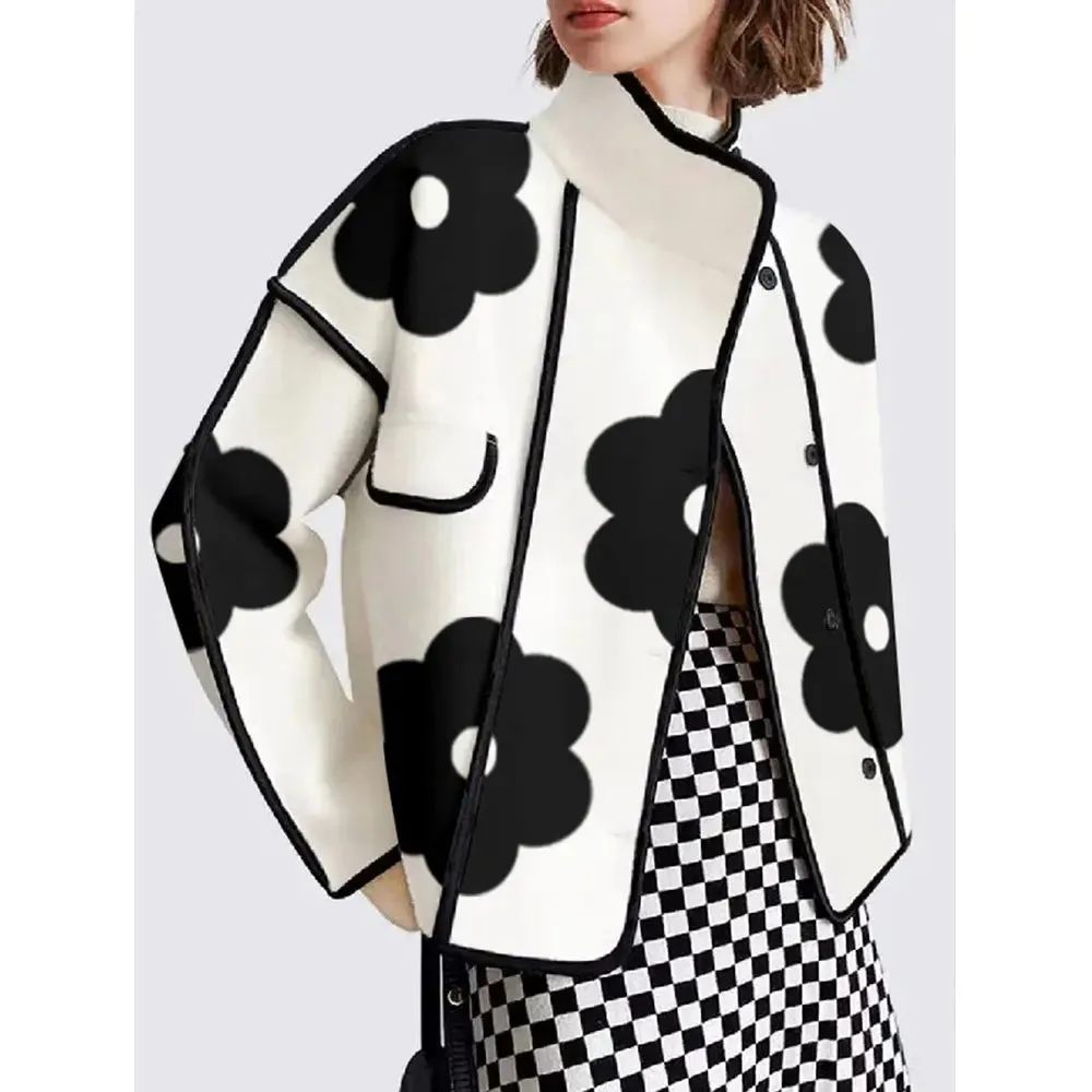 Fashionkova Long Sleeves Loose Contrast Color Flower Print Split-Joint Stand Collar Jackets Outerwear Woolen Coat