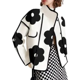 Fashionkova Long Sleeves Loose Contrast Color Flower Print Split-Joint Stand Collar Jackets Outerwear Woolen Coat