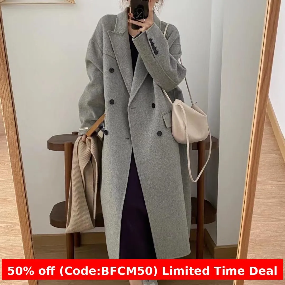 Flytonnshop winter outfits men Double-Sided Cashmere Coat Long Loose Suit Collar over the Knee Woolen Coat High-Grade