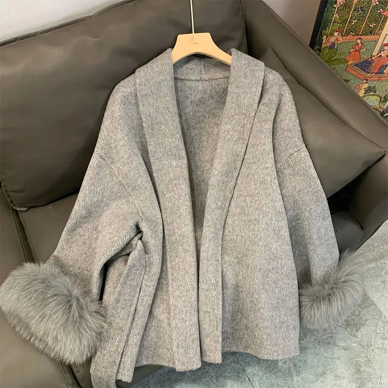 Hnewly Winter New Women Double-sided Wool Lace-up Coat Cuffs Removable Fox Fur High Quality Double-sided Cashmere Woolen Coat Female