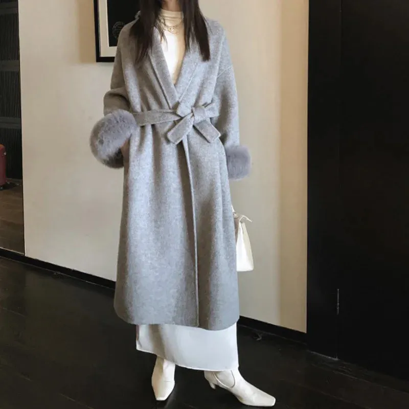 Hnewly Winter New Women Double-sided Wool Lace-up Coat Cuffs Removable Fox Fur High Quality Double-sided Cashmere Woolen Coat Female