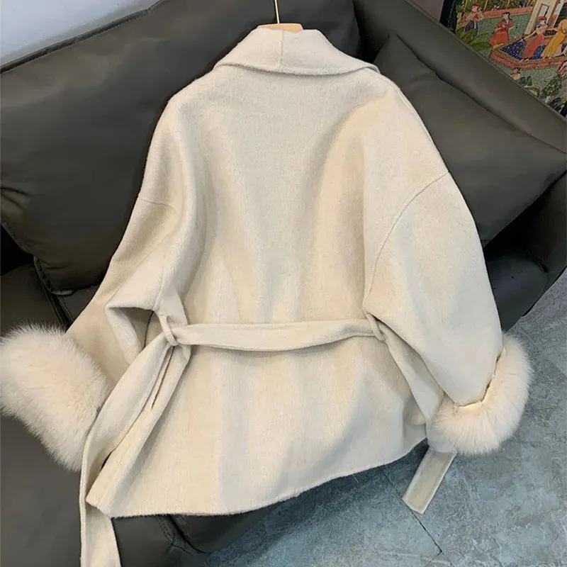 Hnewly Winter New Women Double-sided Wool Lace-up Coat Cuffs Removable Fox Fur High Quality Double-sided Cashmere Woolen Coat Female