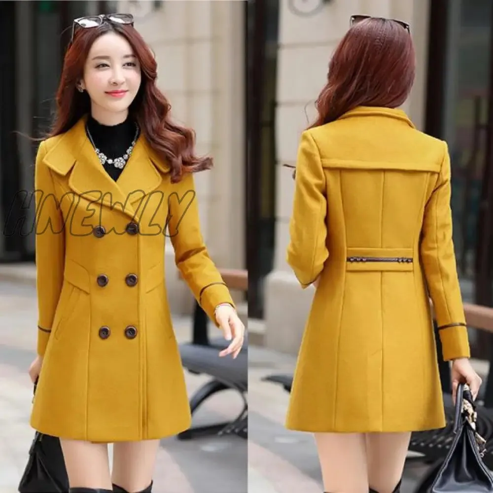 Hnewly Women Wool Blend Warm Long Coat Autumn Winter Plus Size Female Slim Fit Lapel Woolen Overcoat Cashmere Outerwear