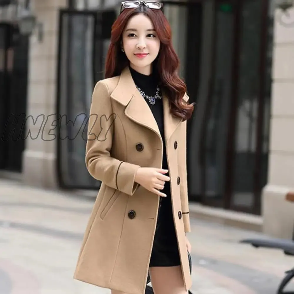 Hnewly Women Wool Blend Warm Long Coat Autumn Winter Plus Size Female Slim Fit Lapel Woolen Overcoat Cashmere Outerwear