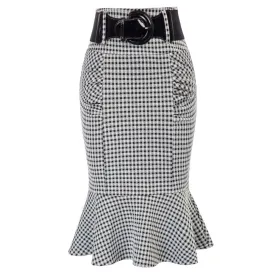 Houndstooth Mermaid Hem Shirred Detail Pencil Skirt with Belt