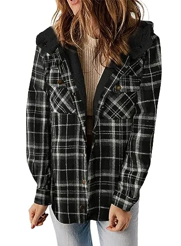 iForgirls Plaid Shacket Jacket Long Sleeve Button Down Fleece Hooded Jackets Warm Coat