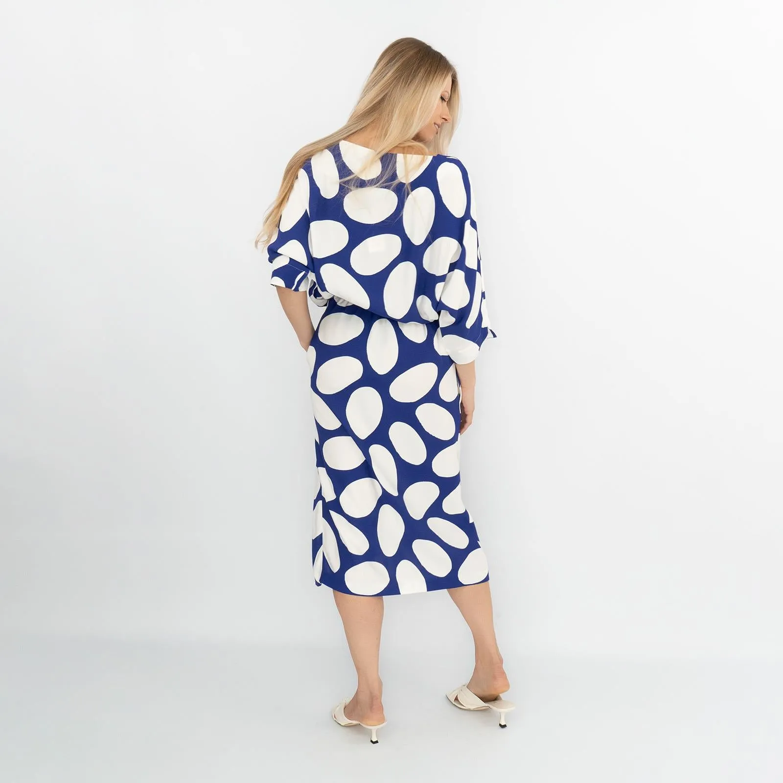 Jasper Conran Beau 3/4 Sleeve Blue Print Boat Neck Relaxed Fit Midi Dresses with Split and Pockets