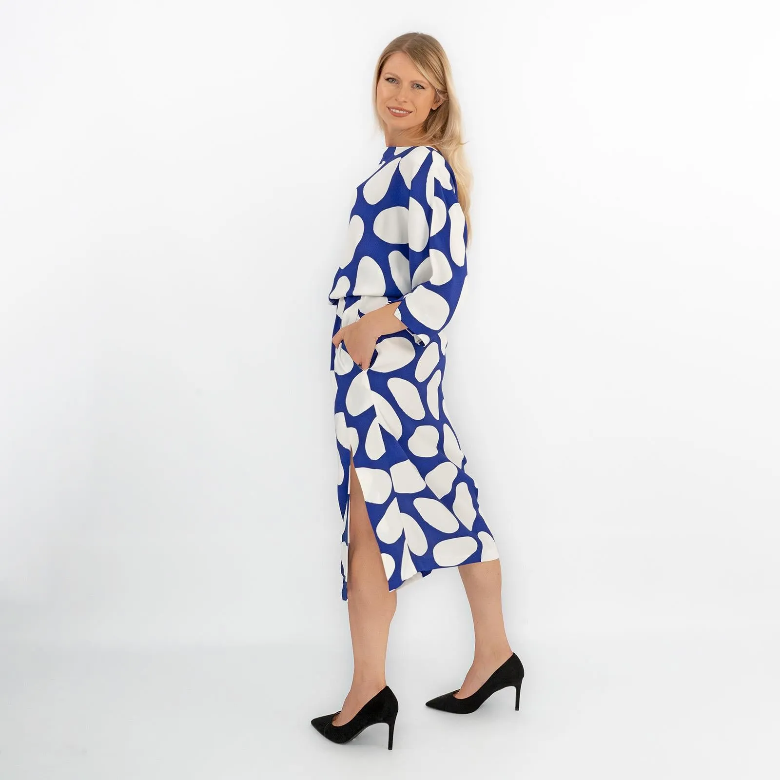 Jasper Conran Beau 3/4 Sleeve Blue Print Boat Neck Relaxed Fit Midi Dresses with Split and Pockets