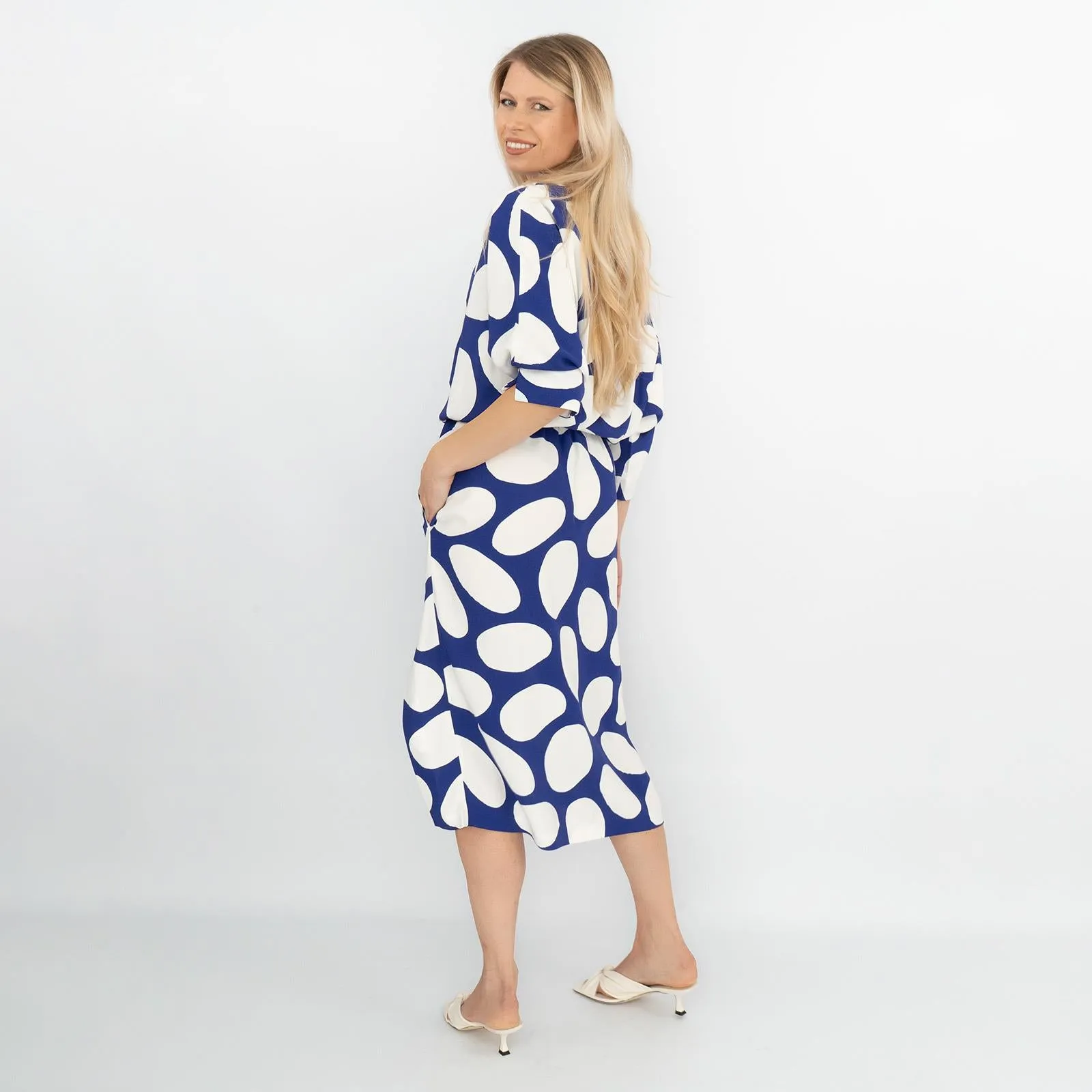 Jasper Conran Beau 3/4 Sleeve Blue Print Boat Neck Relaxed Fit Midi Dresses with Split and Pockets