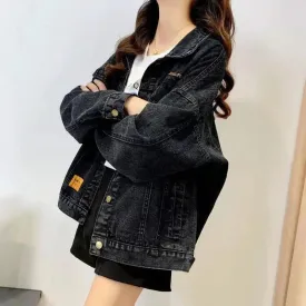 Loose Embroidered Lettered Black Denim Jacket Slimming Jacket Coat For Women