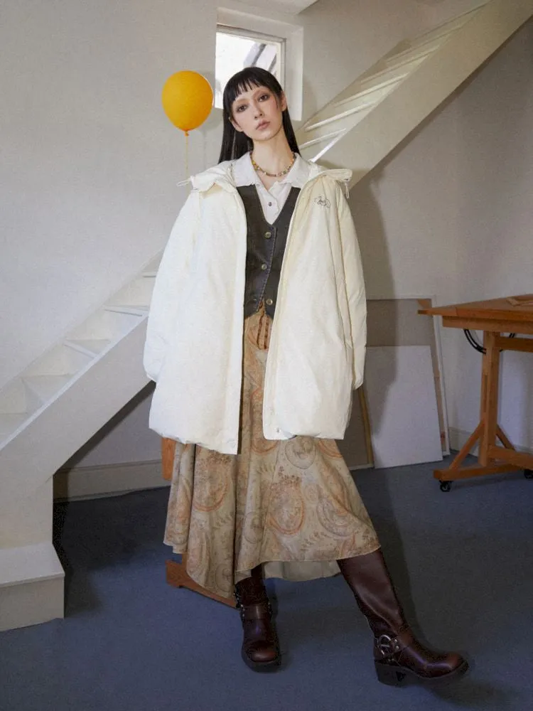 Loose mid-length embroidered hooded down jacket【s0000010094】