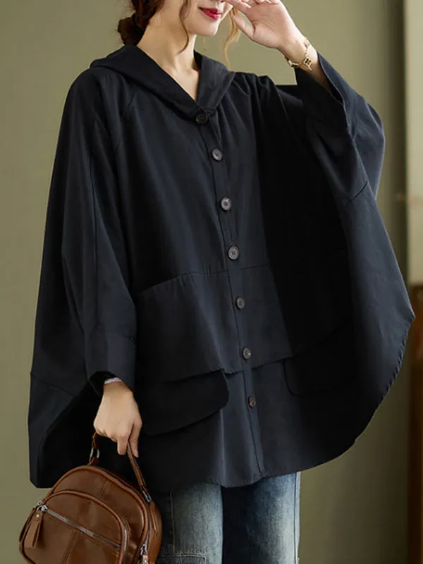 Loose Solid Color Buttoned Hooded Long Sleeves Trench Coat