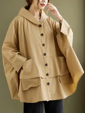 Loose Solid Color Buttoned Hooded Long Sleeves Trench Coat