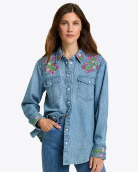 Lynn Embroidered Long Sleeve Top in Denim