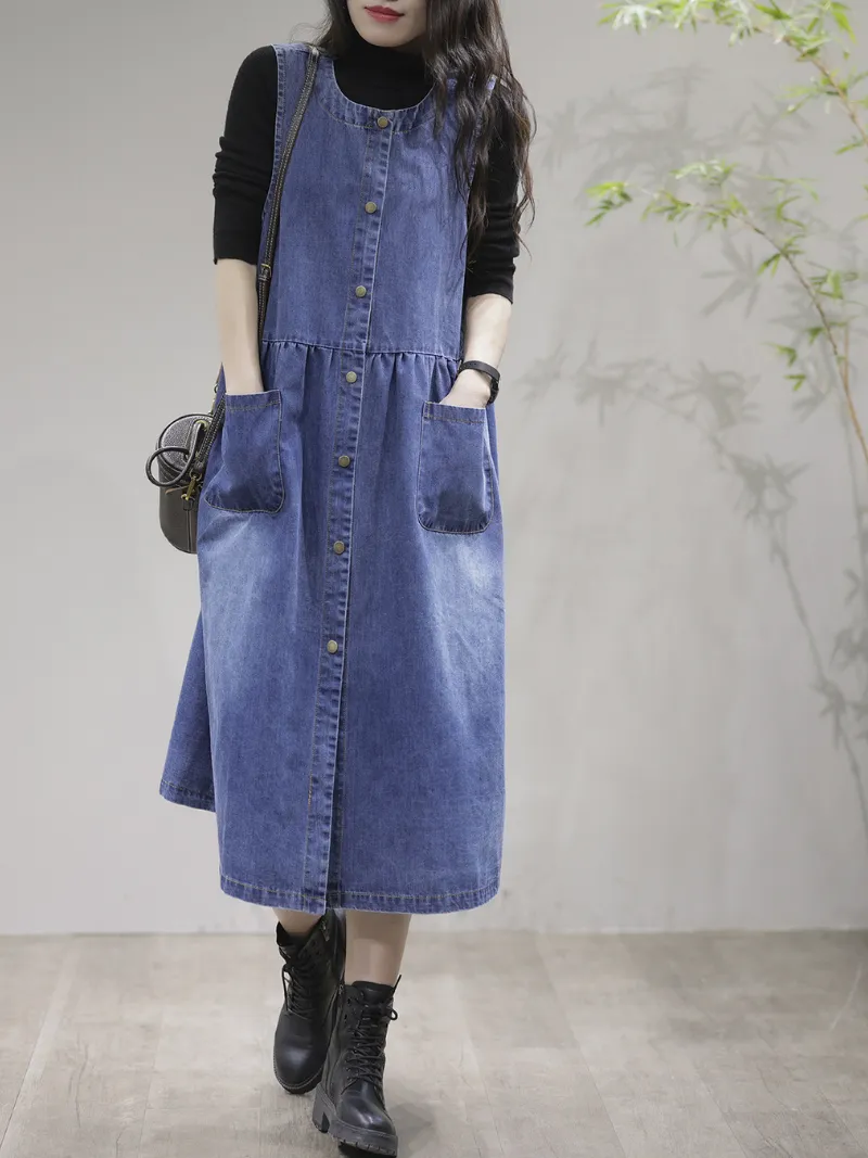 My Memories Women's Casual Round Neck Denim Dress