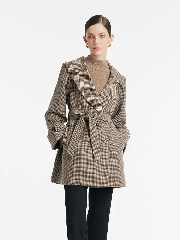 Navy Collar Mid-Length Lapel Women Coat With Belt